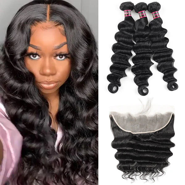 13 X 4 Lace Frontal With 3 Bundles Loose Deep Wave Brazilian Human Hair Extensions