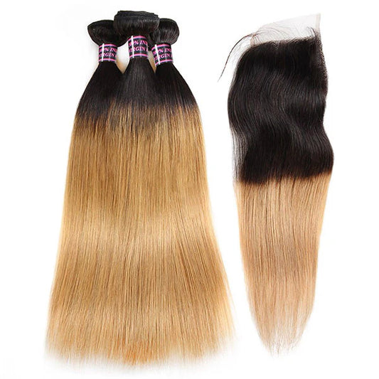 100% Virgin Ombré Straight Human Hair 3 Bundles With Lace Closure T1B/27