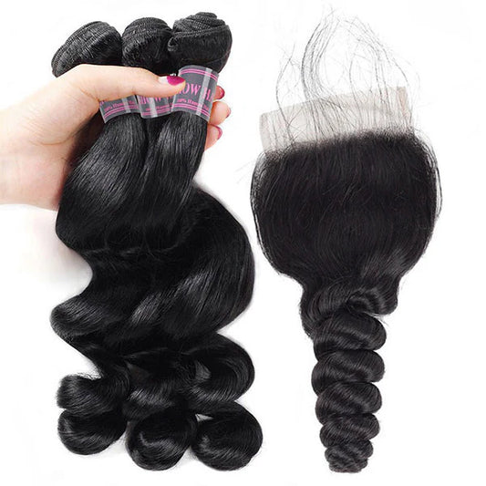 8A Virgin Loose Wave Hair Buy 3 Bundles Get 1 Free 12-20 Inch Closure