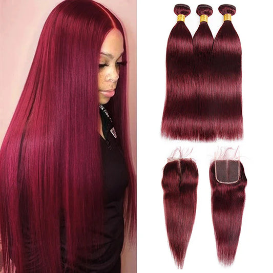 Burgundy Bundles With Closure 99J Straight Human Hair Bundles With 4x4 Lace Closure