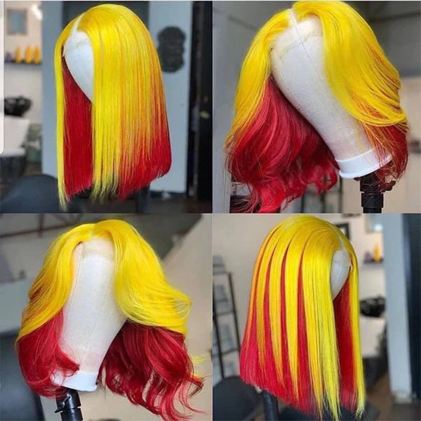 13X4X1 Bob Wig Straight Human Hair Wig Color Lace Front Yellow and Red Bob